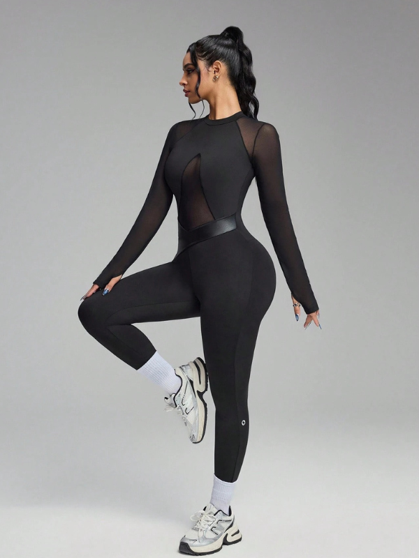 Naadmaastricht | Slim-fit Jumpsuit met PU-leren Mesh Panelen en Lange Mouwen