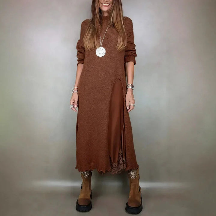 Naadmaastricht | Set met lang satijnjurk en fijngebreide trui