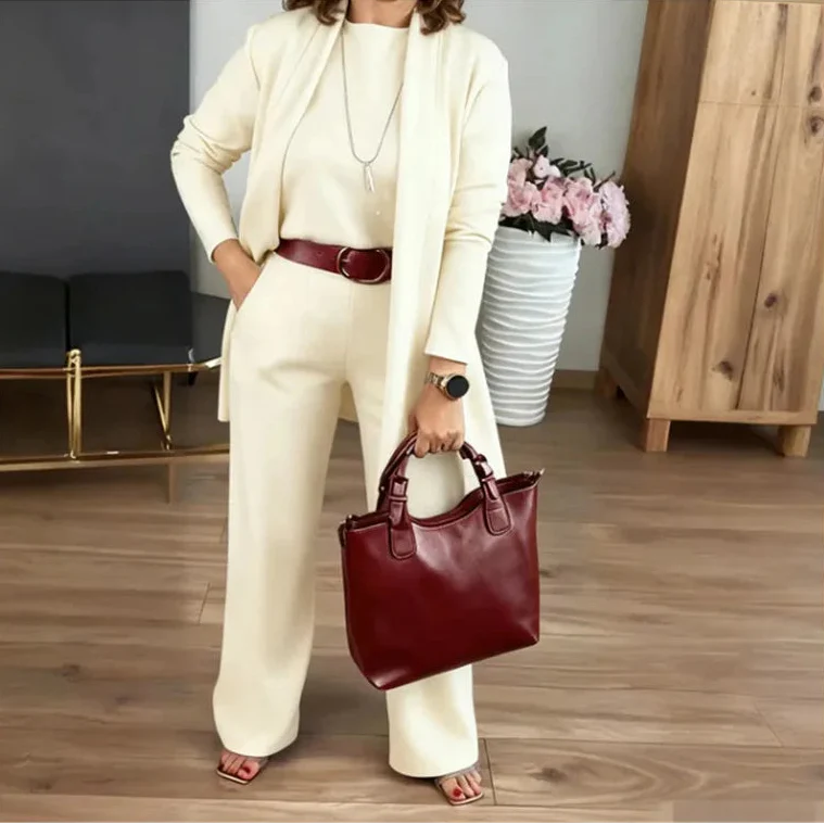 Evanna™ Set mit Basic-Shirt, Langem Cardigan und Gerade Geschnittener Hose / Diskrete Eleganz, die Selbstvertrauen Ausstrahlt!