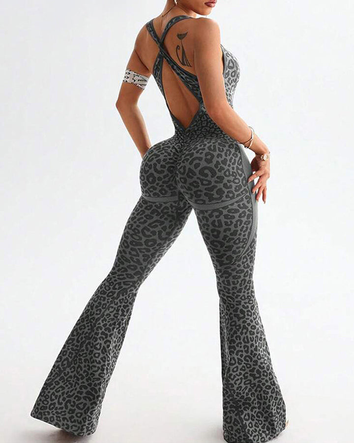 Naadmaastricht | Naadloze Yoga- & Fitnessjumpsuit met Luipaardprint en Crossback